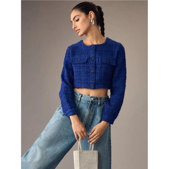Maeve by Anthropologie Jackets & Blazers - Maeve by Anthropologie Royal Blue Cropped Tweed Jacket Blazer OB1856164 XS